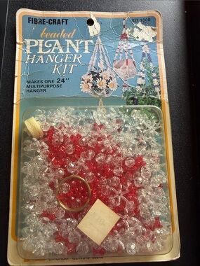 Vintage 1970s Beaded Plant Hanger Kit with Clear & Red Faceted Beads 24” Hanger